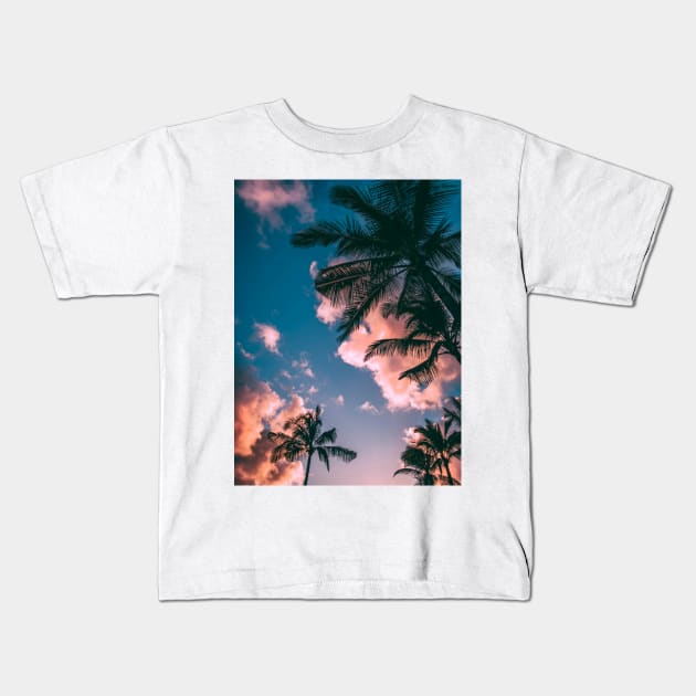 palm tree under pink cloudy sky Kids T-Shirt by For_Us